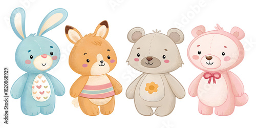 A cute collection of soft plush toys illustrated in a friendly, childlike style. Each toy is hand-designed with gentle colors and smooth shapes, perfect for children's designs, nursery prints, educati