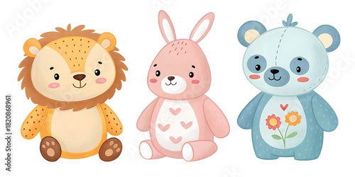 A cute collection of soft plush toys illustrated in a friendly, childlike style. Each toy is hand-designed with gentle colors and smooth shapes, perfect for children's designs, nursery prints, educati