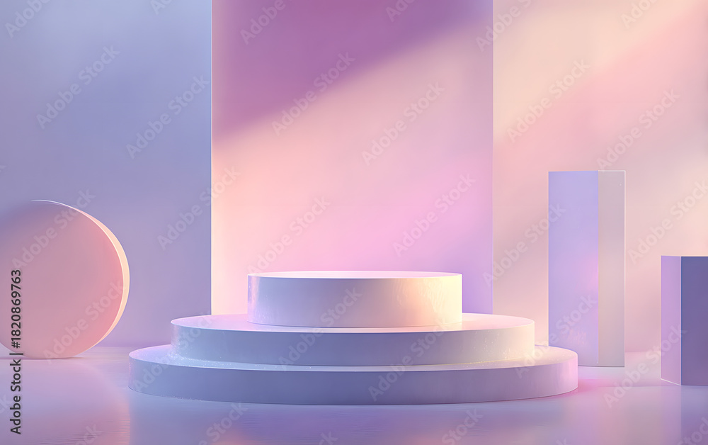 Fototapeta premium Abstract scene with soft pink and purple lighting highlighting a minimalist podium and sleek geometric shapes.