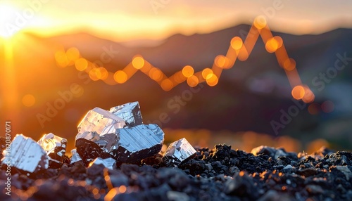 Metallic crystal on rocky ground reflects golden hour light and symbolizes commodity trend insight for global mining market.