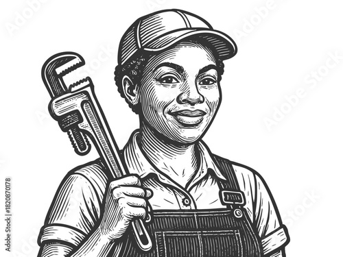 confident woman plumber in cap and overalls, holding a large adjustable pipe wrench sketch engraving generative ai fictional character vector illustration. Scratch board imitation. Black and white.