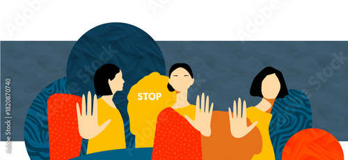 Group of women raising hand in "stop" gesture against gender violence. Bold flat design, bright color with texture, abstract shape. Resistance, solidarity, unity, social awareness. Vector illustration