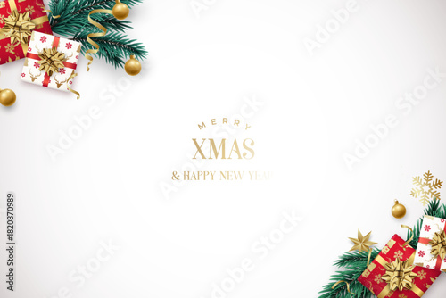 Elegant Christmas flat lay design features festive decorations and gold lettering, perfect for greetings and holiday messages