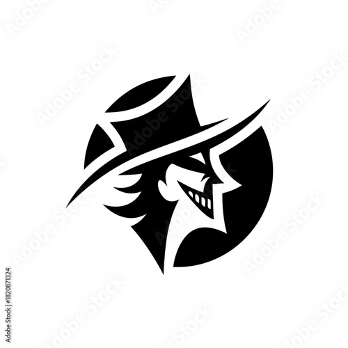 Silhouette of a joker with a top hat in a circle on transparent background