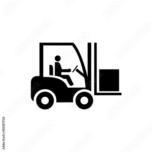 Silhouette of a forklift with driver and box lifted on transparent background