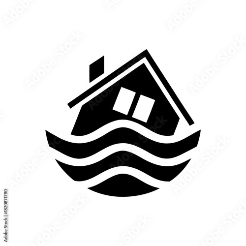 House submerged in water flood disaster illustration on transparent background silhouette