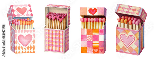 Watercolor set of matchboxes with hearts. Romantic matchboxes with patterns. Romantic elements for Valentine's Day. Hand drawn illustration.