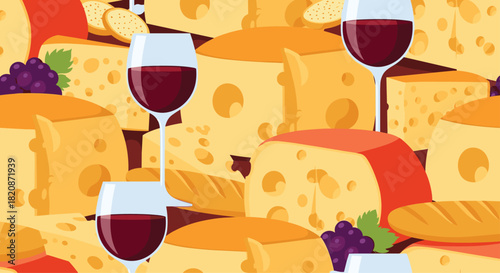 A sophisticated seamless pattern featuring various types of cheese glasses of red wine grapes and bread for a gourmet background.