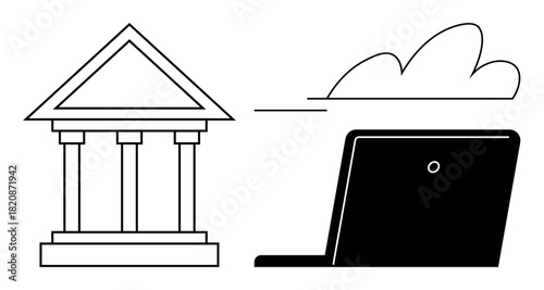 Bank building with classical columns next to a laptop and cloud, representing online services, modern technology, finance, digital access, e-banking, innovation, and progress. Ideal for technology