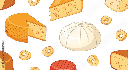 A seamless pattern of various cartoon cheeses including parmesan and burrata with small bread rings on a white background.