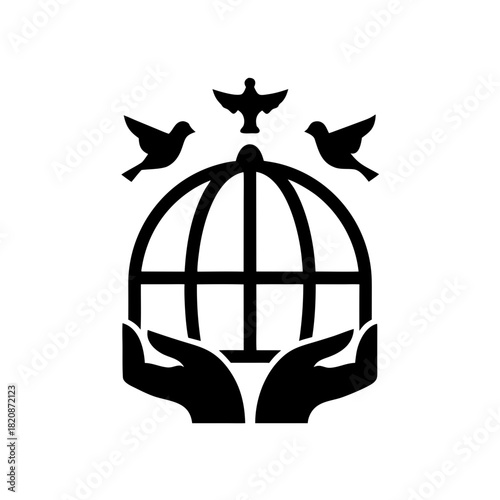 Hands holding birdcage with birds flying around it on transparent background silhouette