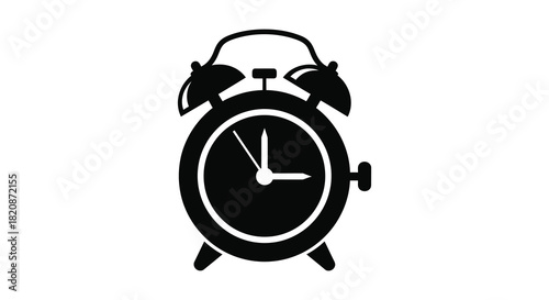 Classic alarm clock illustration in black and white silhouette