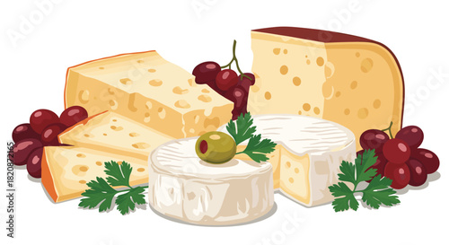 A vibrant assortment of cheeses grapes and fresh parsley arranged together.