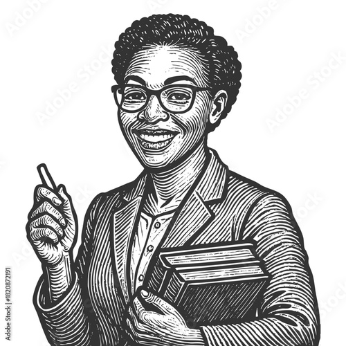 smiling female teacher with books and a raised finger, symbolizing education and knowledge sketch engraving generative ai fictional character vector illustration. Scratch board. Black and white image.