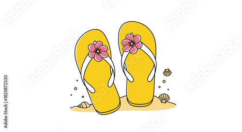 An illustration of yellow flip-flops decorated with pink flowers.