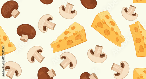 A seamless pattern of cheese and mushrooms.