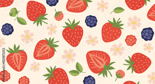 A seamless pattern featuring strawberries flowers and blackberries.