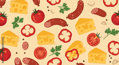 A repeating design with pizza ingredients.