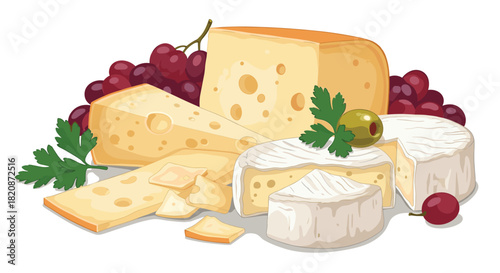 A detailed illustration of an assortment of cheese and grapes.