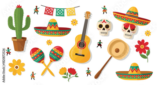 A vibrant collection of Mexican cultural icons including sombreros sugar skulls a guitar maracas and a cactus for fiesta designs.