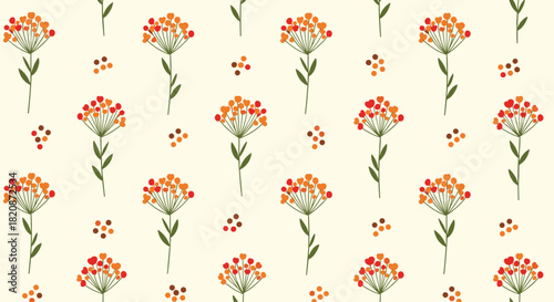 A charming seamless pattern of stylized autumn flowers in orange and red with green stems on a light cream colored background.