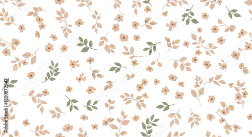 A delicate and elegant seamless pattern of small beige flowers and scattered leaves in green and brown on a white background.