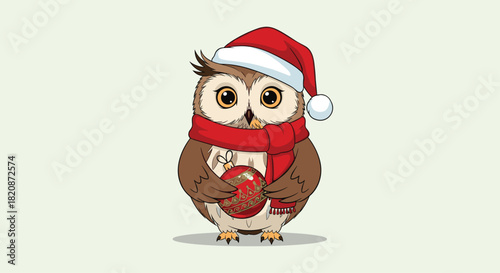 An adorable cartoon owl wearing a Santa hat and a red scarf holds a festive red Christmas ornament in a cute illustration.