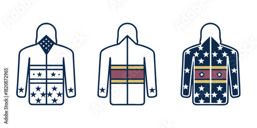 Three stylized jockey silks are displayed against a white background, showcasing different colorful patterns and designs.