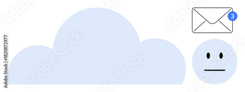 Large cloud, envelope with notification badge, neutral face. Ideal for cloud computing, email services, digital communication, notifications, user experience, updates simple flat metaphor
