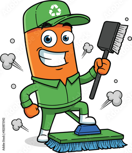 Happy cartoon cleaner mascot character in green uniform holding brush and standing on broom, vector illustration isolated on white background.