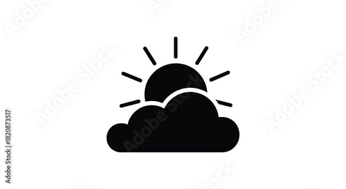 Sun behind cloud icon with rays weather forecast silhouette