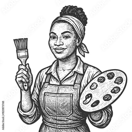 woman artist in apron and headband holding a paint palette and large brush confidently sketch engraving generative ai fictional character vector illustration. Scratch board. Black and white image.