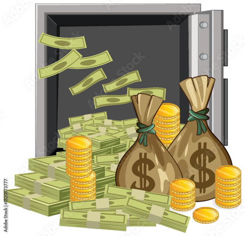 Open Vault With Money Bags and Gold Coins