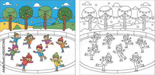 Coloring book page for kids winter activity. Vector illustration of cute children ice skating on rink with colored example and outline sketch.