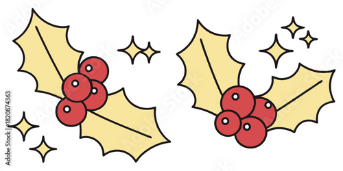 Two stylized illustrations of holly sprigs with red berries and sparkling stars, representing a festive Christmas theme.