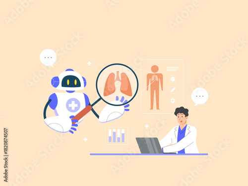 Diagnose disease with artificial intelligence technology. Medical robot holding a magnifying glass analyzes lungs.