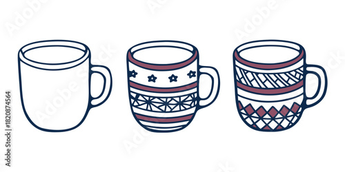 Three ceramic mugs, one plain and two decorated with geometric patterns and stars, are displayed side-by-side on a white background, representing a collection of drinkware.