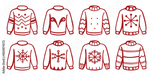 A collection of eight stylized, hand-drawn sweaters with various winter-themed patterns and designs, presented in a grid layout against a white background.