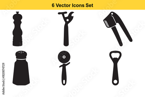 Black silhouette vector icons of kitchen tools including garlic press and can opener in a set of six bundle set