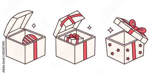 Three open gift boxes, each containing a surprise, are displayed side-by-side with sparkling highlights.