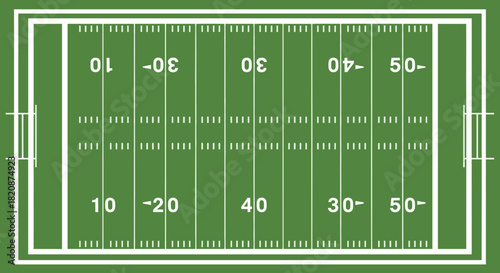 Overhead view of an American football field with yard lines and end zones.