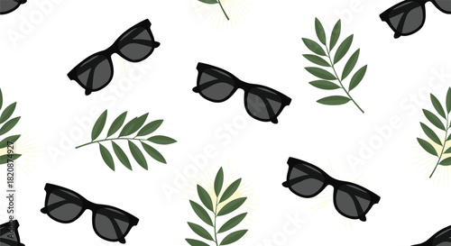 A cool and stylish seamless summer pattern with black sunglasses and green tropical leaves on a clean white background design.