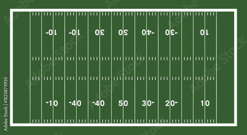 Overhead view of an American football field with yard lines and numbers.