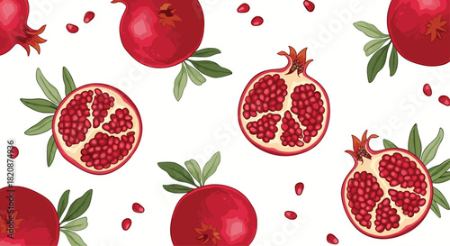 A fresh and vibrant seamless pattern of whole pomegranates and juicy halves with scattered seeds on a white background.
