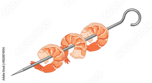 Three perfectly cooked and peeled shrimps are threaded onto a metal skewer in a delicious appetizer illustration on white.