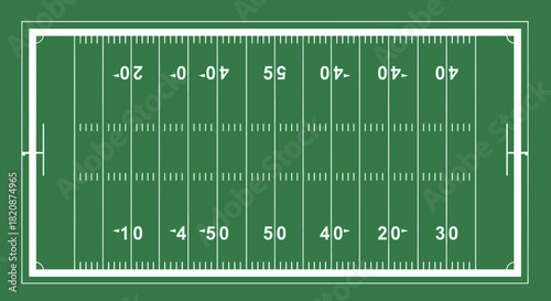 Overhead view of an American football field with yard lines and numbers on a green background.