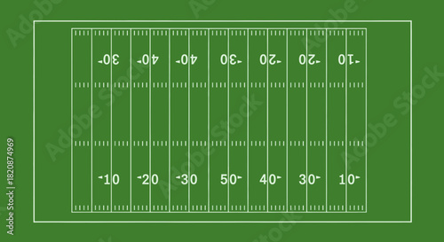 Overhead view of a football field with yard lines and numbers.
