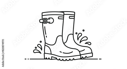 A simple black and white line art icon of a pair of rubber rain boots with water splashing around them on a white background.