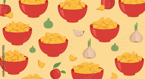 Seamless pattern background features red bowls of tortilla chips with garlic onions and apples in a fun cartoon snack food design.
