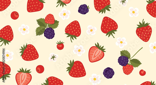 A sweet and colorful seamless summer pattern of strawberries raspberries blackberries and small white flowers on a cream background.
